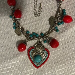Turquoise Red Silver Heart Necklace Rope Chain Heart Charms 18 1/2” + 3” Ext VTG